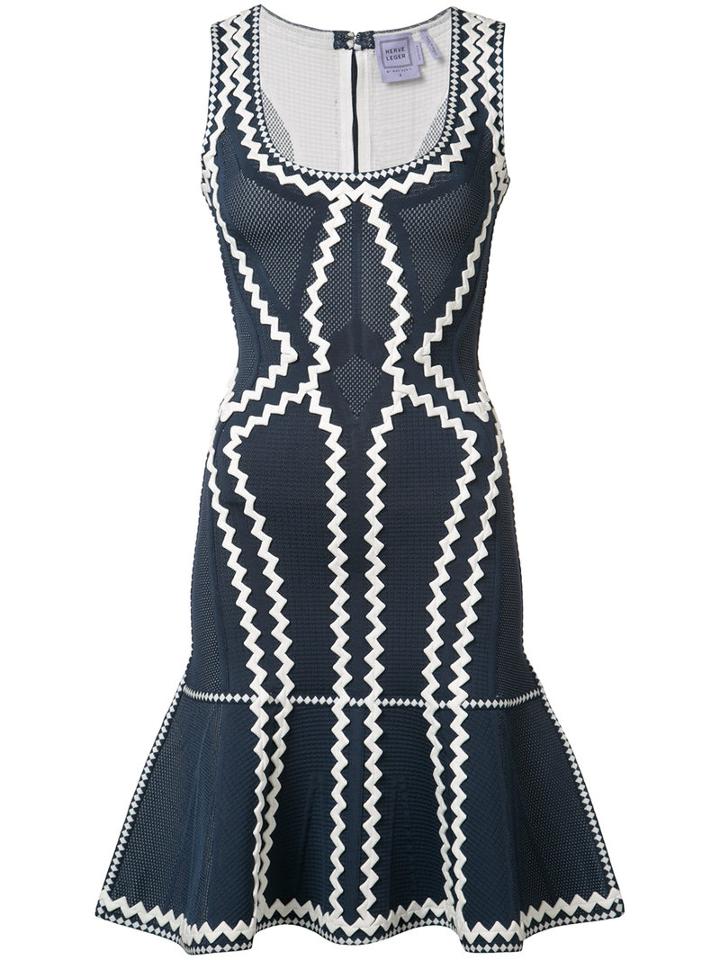 Hervé Léger Zig-zag Print Flared Dress, Women's, Size: Medium, Blue, Rayon/nylon/spandex/elastane