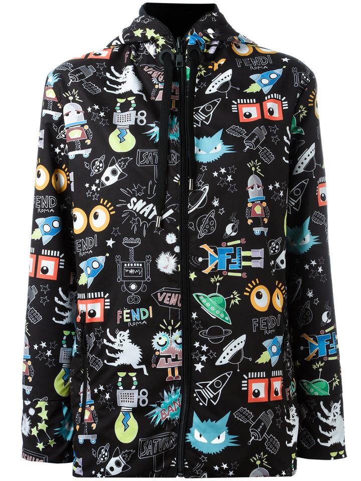 Fendi Cartoon Print Raincoat, Women's, Size: 40, Black, Polyester/polyamide