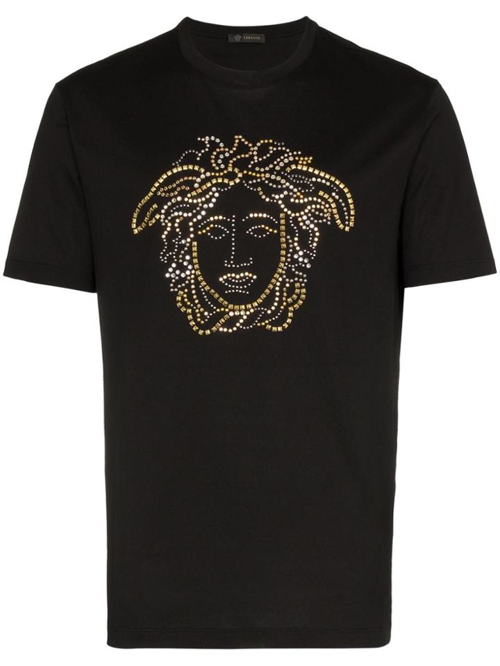 Versace Medusa Crystal Stud Embellished Cotton T Shirt - Black