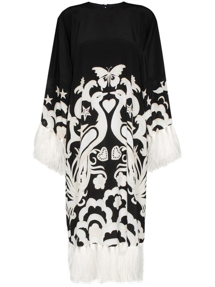 Valentino Bird-print Phoenix-trim Crepe De Chine Dress - Black