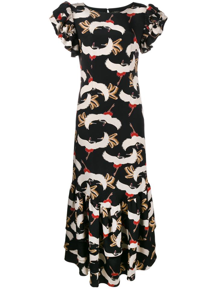 De La Vali Bird Print Ruffle Maxi Dress - Black