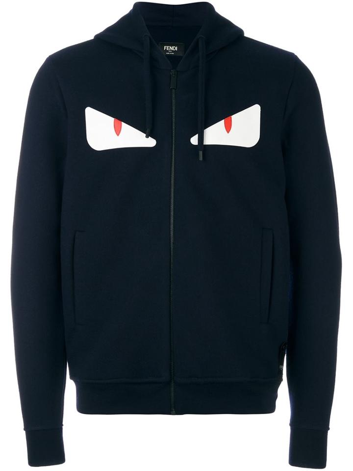 Fendi Bag Bugs Zip Hoodie, Men's, Size: 46, Blue, Cotton/lamb Skin/wool