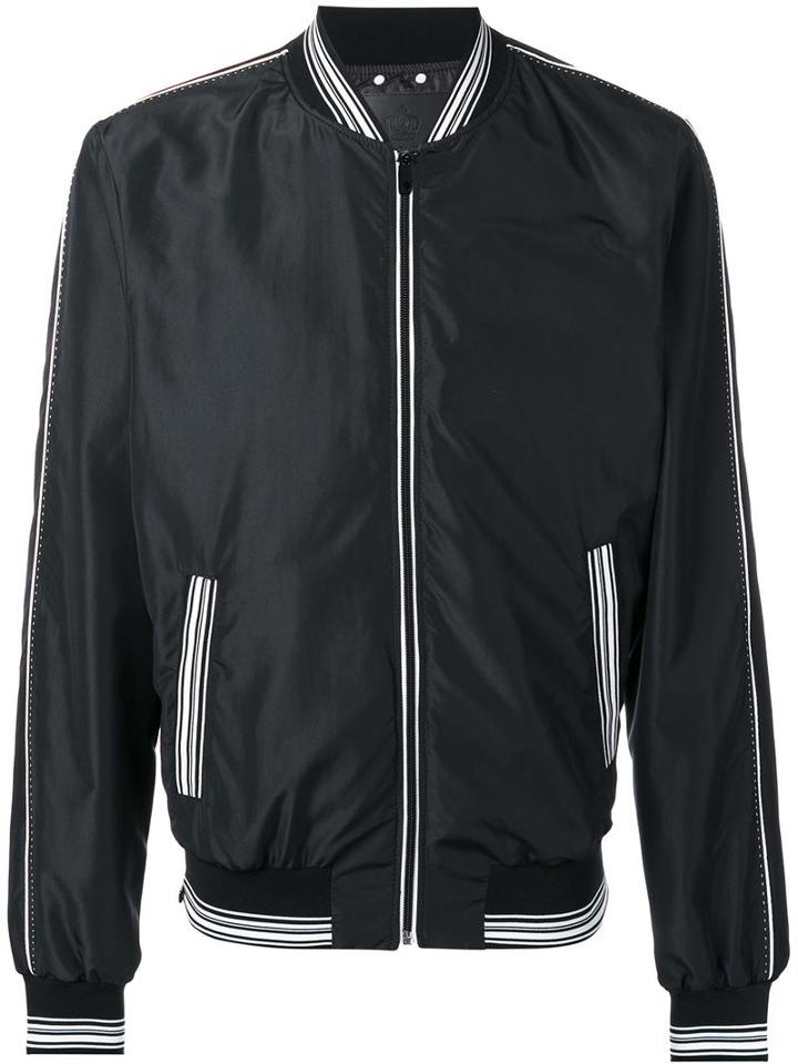 Dolce & Gabbana Striped Trim Bomber Jacket, Men's, Size: 48, Black, Calf Leather/polyester