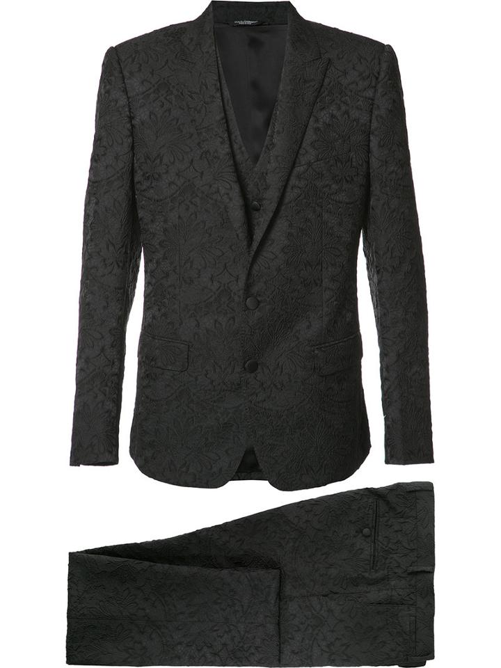 Dolce & Gabbana Floral Embroidered 3 Piece Suit, Men's, Size: 48, Black, Polyester/polyimide