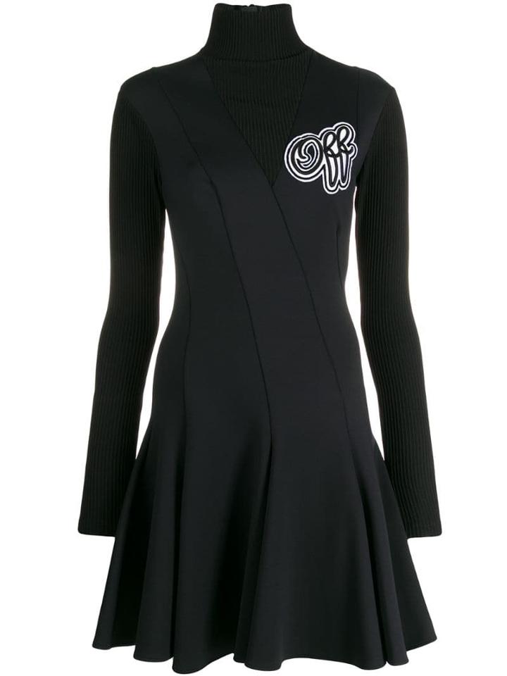 Off-white Ribbed Detail Flared Dress - Black