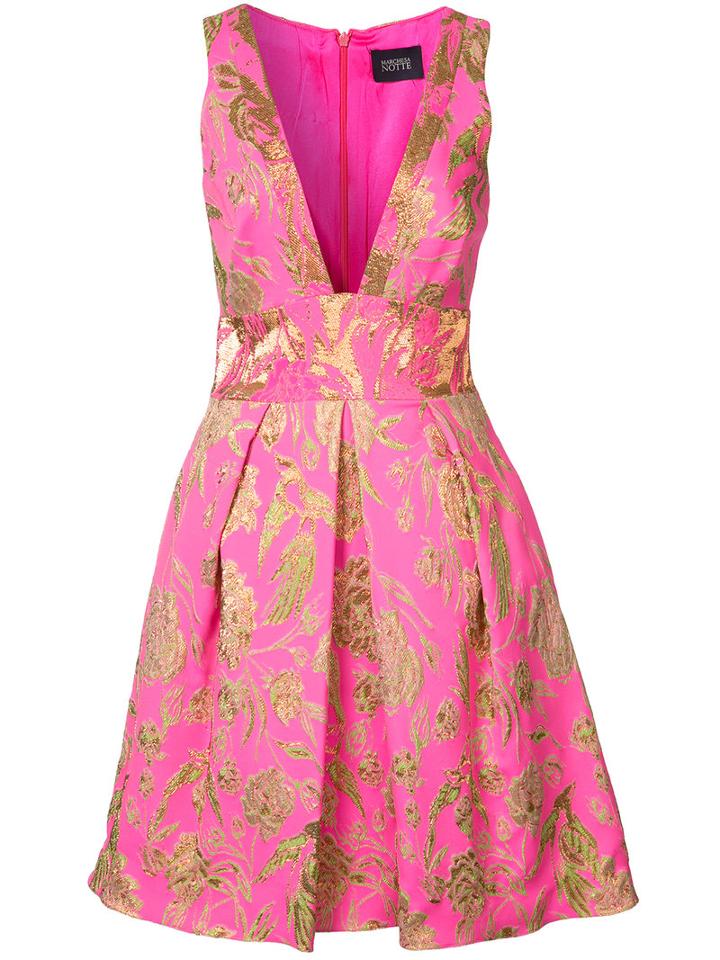 Marchesa Notte - Metallic Embroidery Pleated Dress - Women - Nylon - 4, Women's, Pink/purple, Nylon