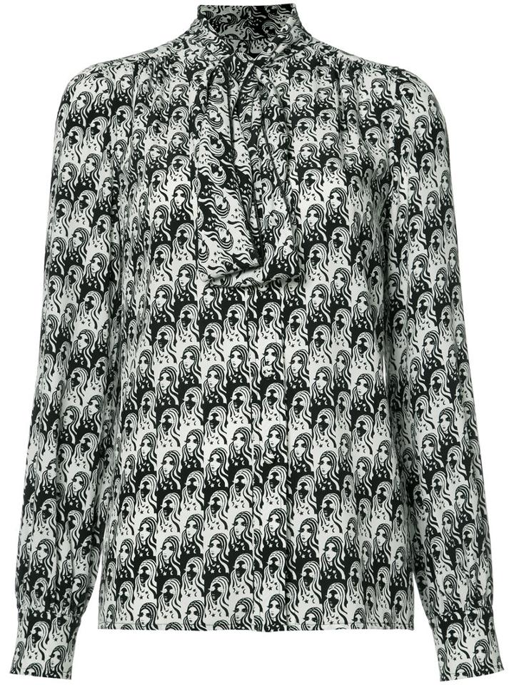 Marc Jacobs Face Print Pussy-bow Blouse, Women's, Size: 6, Black, Silk
