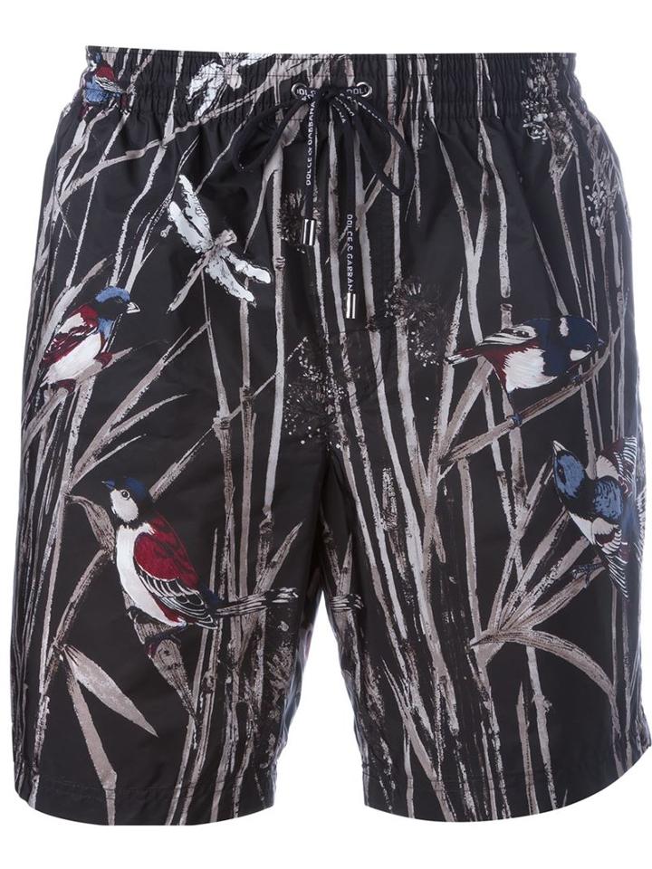 Dolce & Gabbana Bird Print Swim Shorts, Men's, Size: Iii, Black, Polyamide/polyester