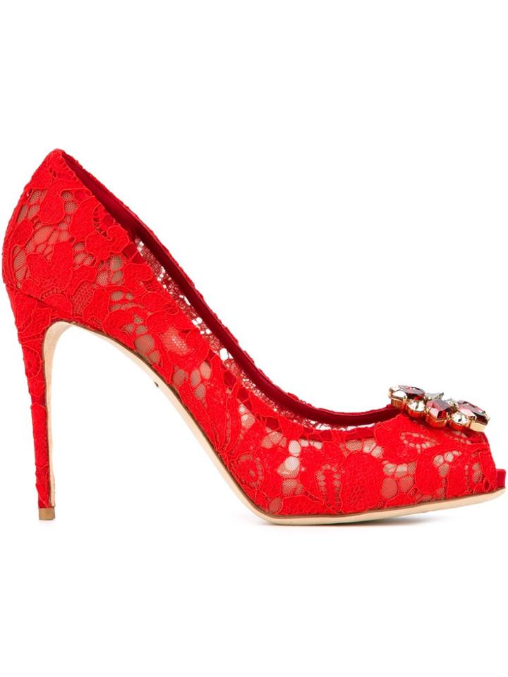 Dolce & Gabbana Embellished Lace Pumps - Red