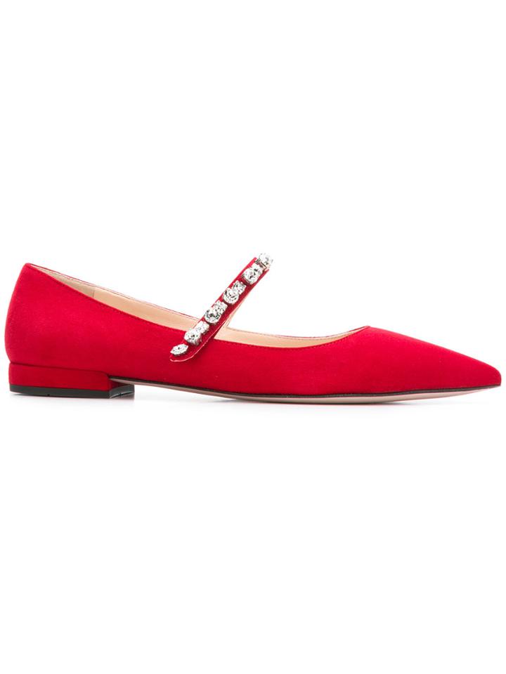 Prada Crystal Embellished Ballerina Pumps - Red