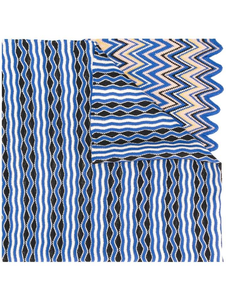 Missoni Zig-zag Pattern Hem Scarf, Women's, Blue, Wool/acrylic/polyester