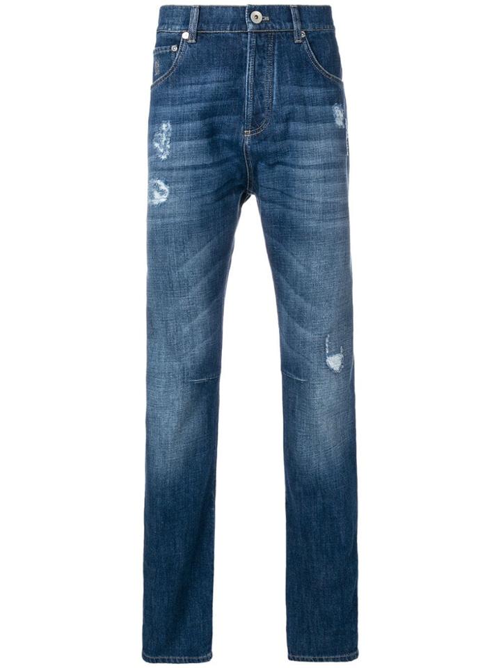 Brunello Cucinelli Distressed Straight Leg Jeans - Blue
