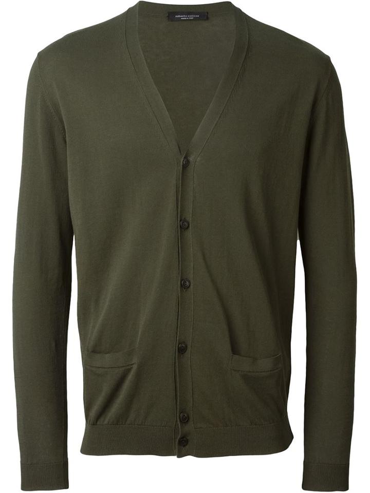 Roberto Collina V-neck Cardigan, Men's, Size: 46, Green, Cotton