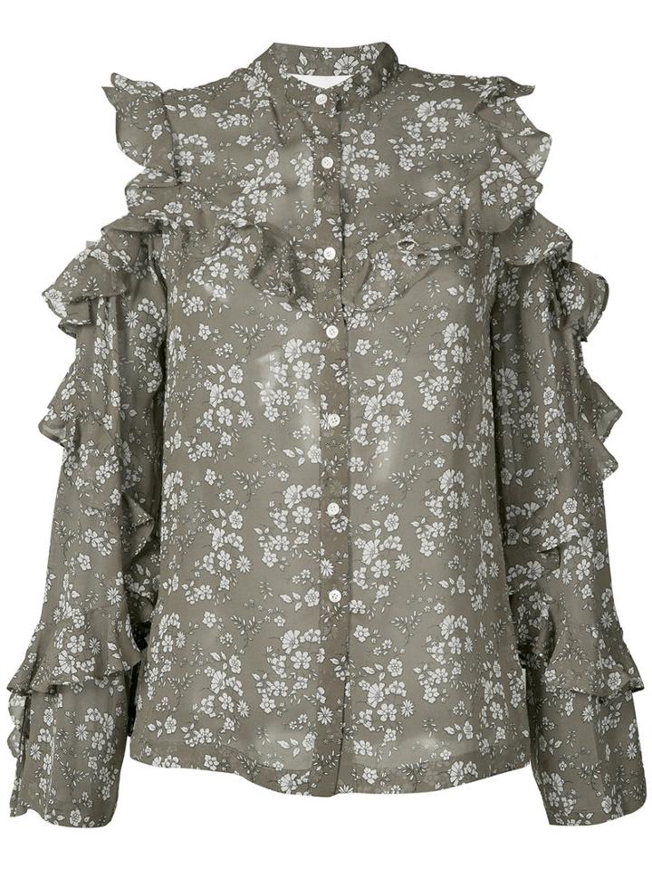 Robert Rodriguez - Floral Open Shoulder Ruffle Shirt - Women - Silk - 2, Green, Silk