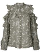 Robert Rodriguez - Floral Open Shoulder Ruffle Shirt - Women - Silk - 2, Green, Silk