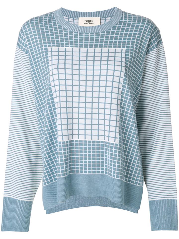 Ports 1961 Check And Stripe Detail Sweater - Blue