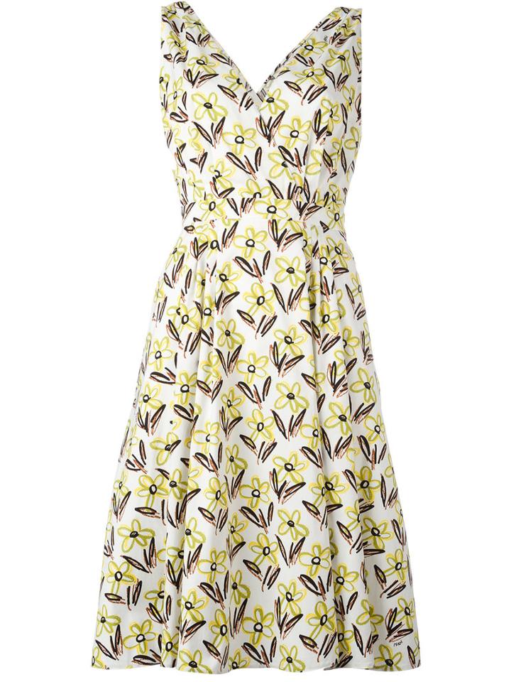 Prada Floral Print Dress, Women's, Size: 42, White, Cotton/spandex/elastane