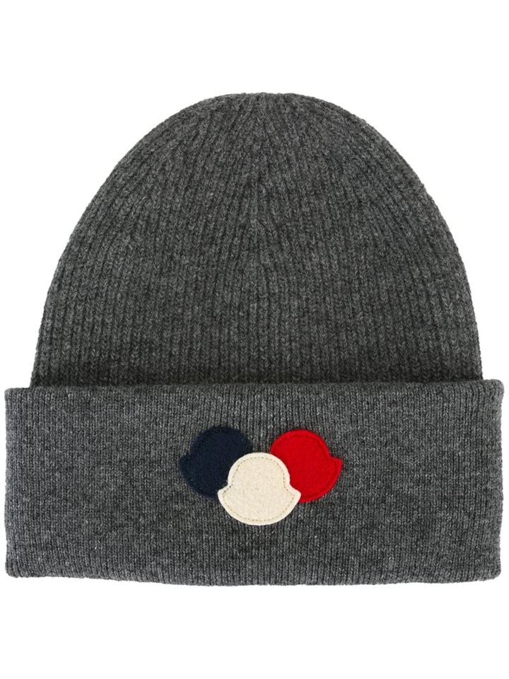 Moncler Logo Plaque Beanie, Men's, Grey, Virgin Wool
