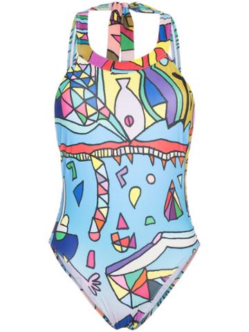 Ellie Rassia Planet Earth Print High Neck Swimsuit - Multicolour