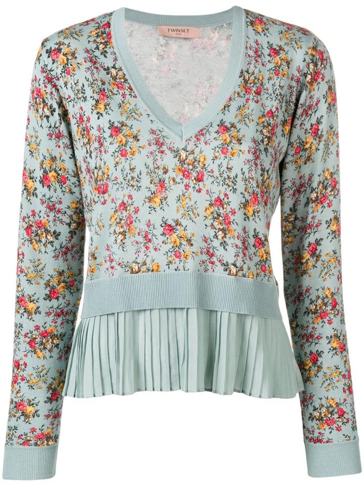 Twin-set Pleated Hem Floral Jumper - Blue