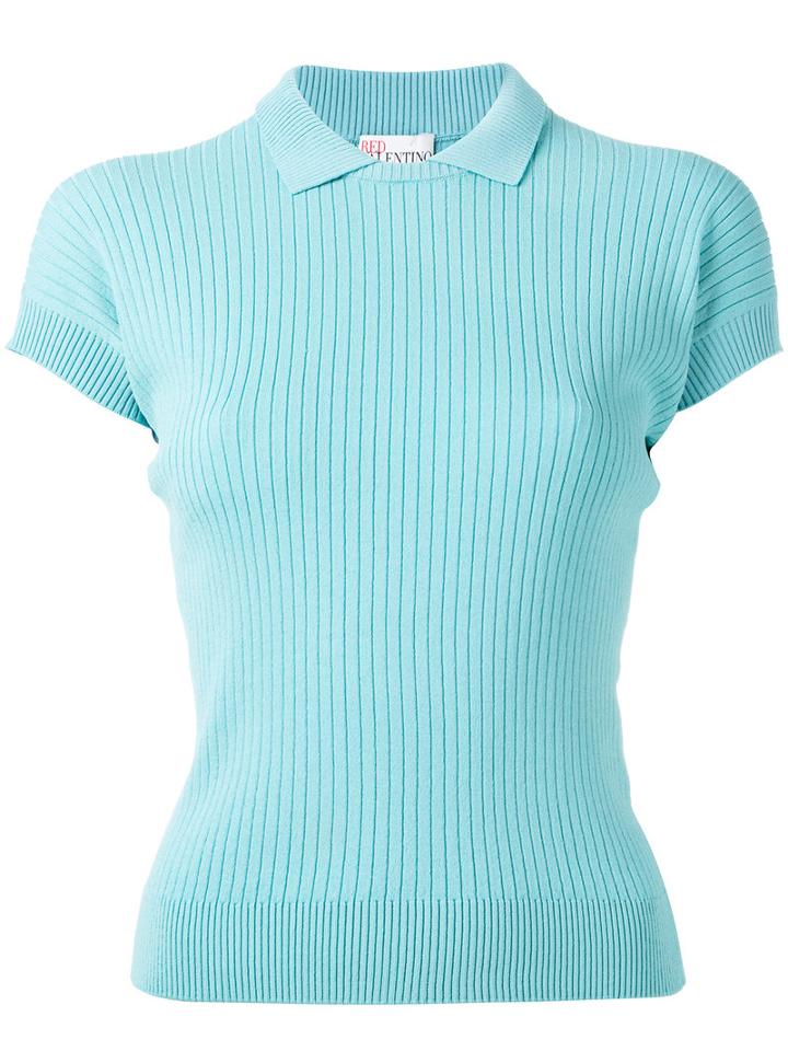 Red Valentino Ribbed Knit Polo Top, Women's, Size: Medium, Blue, Polyamide/viscose