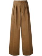 Estnation - Pleated High-waisted Trousers - Women - Cotton - 36, Women's, Brown, Cotton