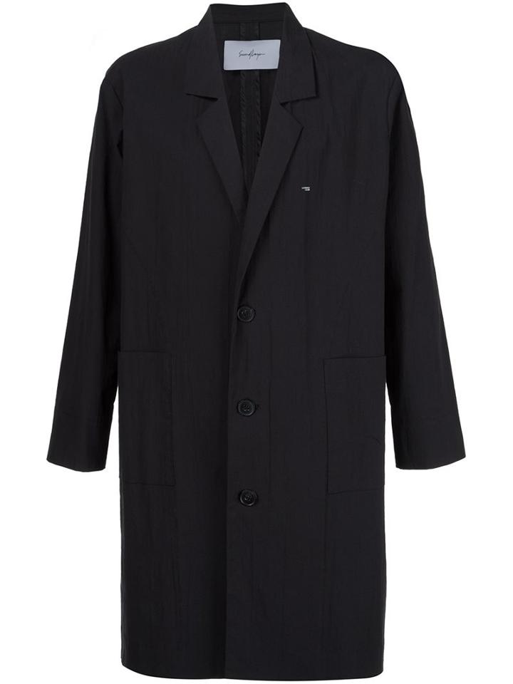 Second/layer Back Logo Print Coat, Men's, Size: Small, Black, Linen/flax