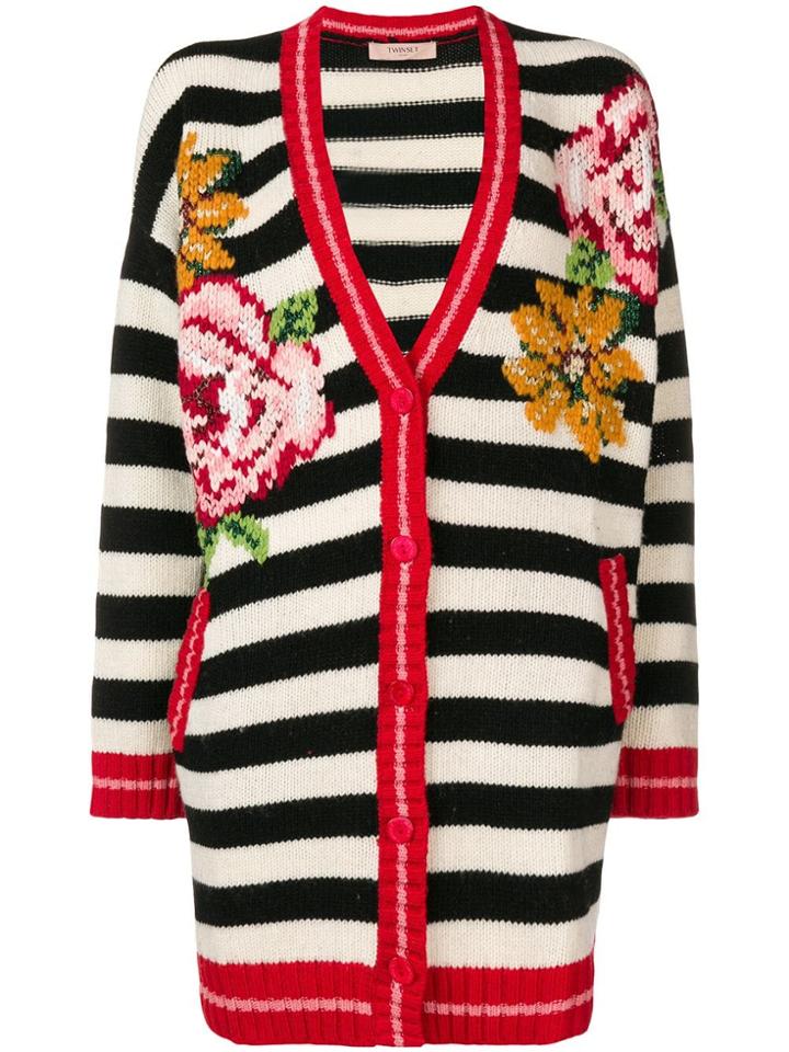 Twin-set Striped Floral Cardigan - White