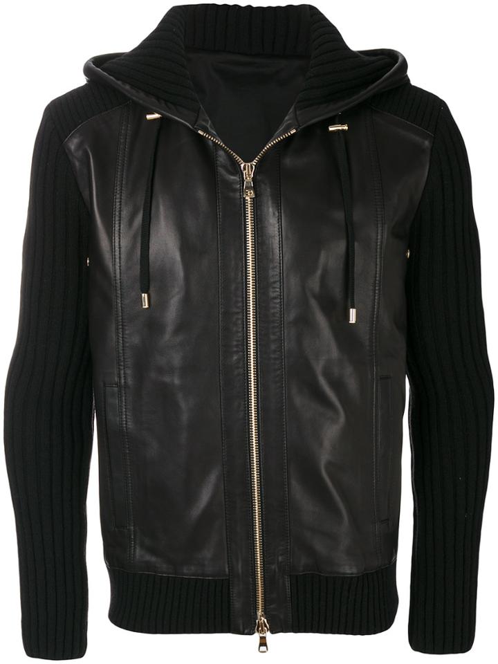 Balmain Ribbed Leather Hoodie - Black