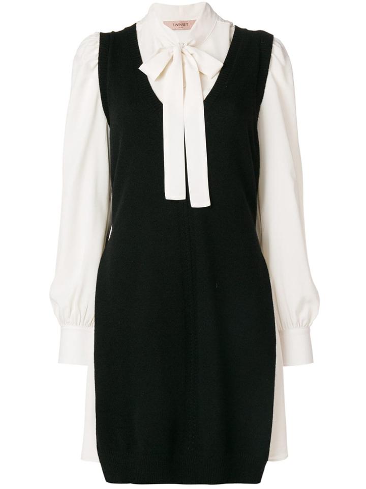 Twin-set Layered Pussy Bow Sweater Dress - Black