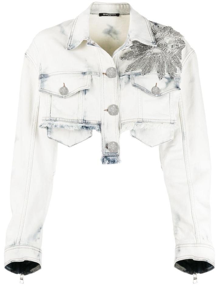 Balmain Crystal-embellished Cropped Denim Jacket - Blue