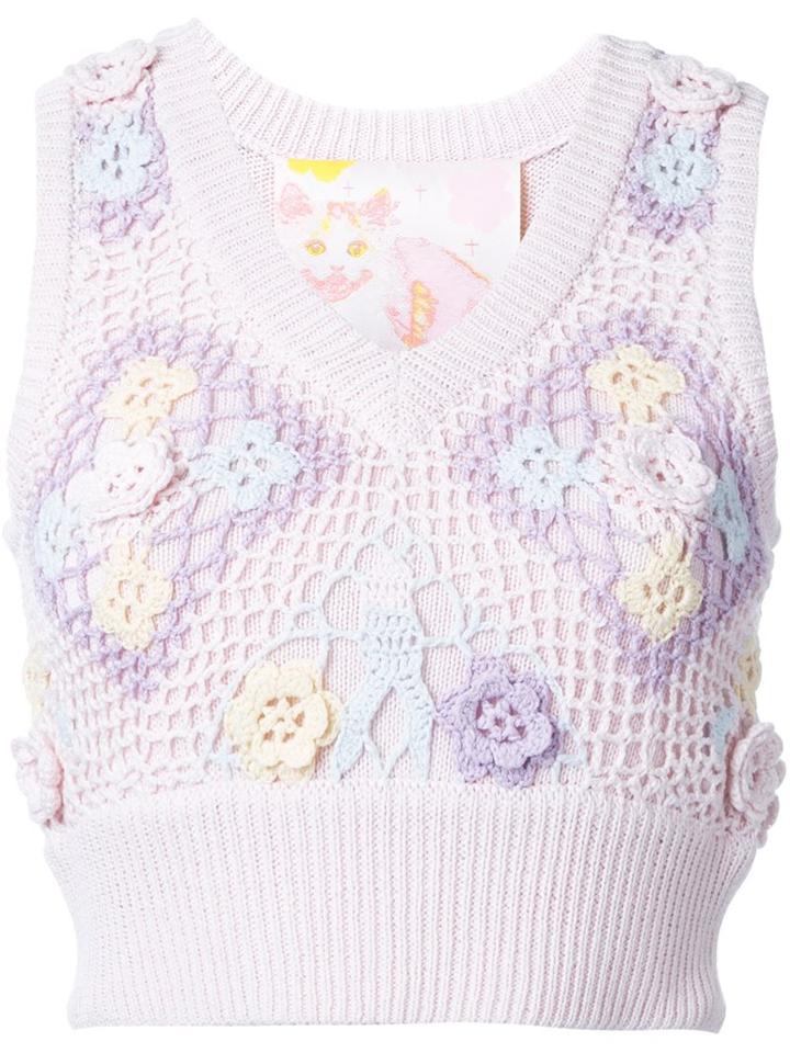 Mikio Sakabe Floral Embroidered Sleeveless Knit Top, Women's, Size: Medium, Pink/purple, Cotton