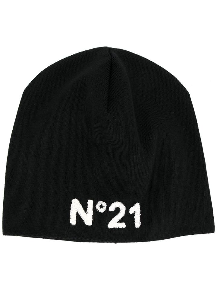 No21 Logo Intarsia Beanie - Black