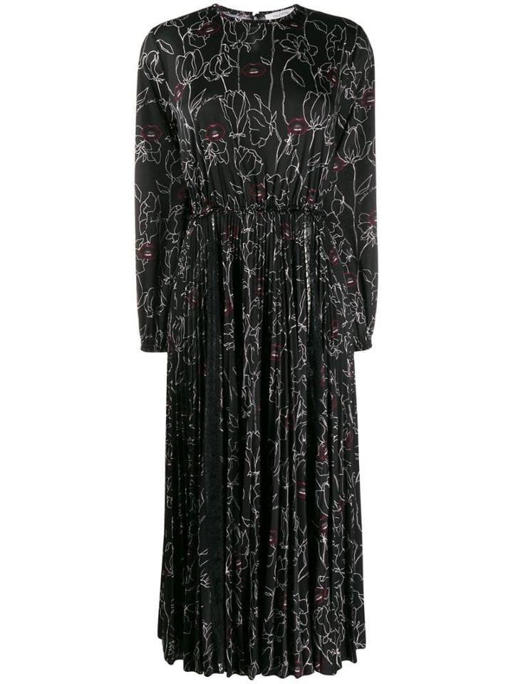 Valentino Floral Lips Print Flared Dress - Black