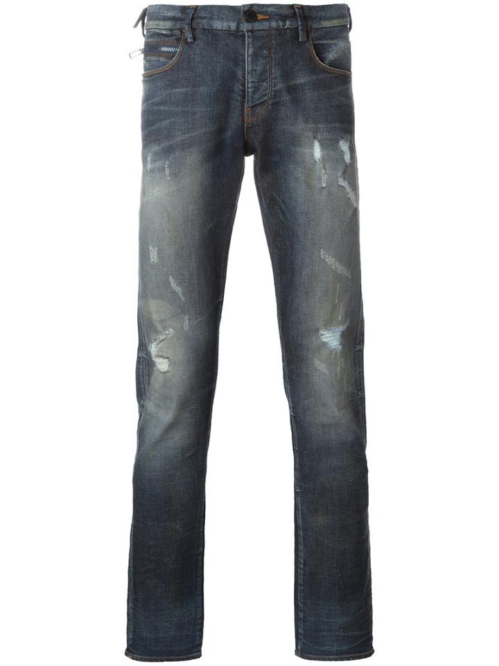 Emporio Armani Shredded Trim Jeans, Men's, Size: 29, Blue, Cotton/polyester/spandex/elastane