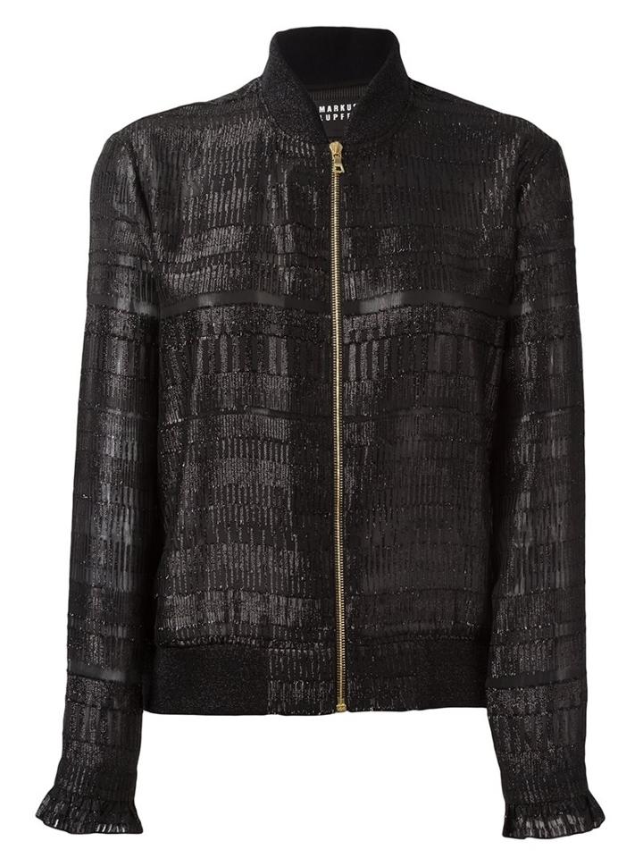 Markus Lupfer Ruffled Cuffs Zipped Bomber, Women's, Size: Medium, Black, Cotton/polyester