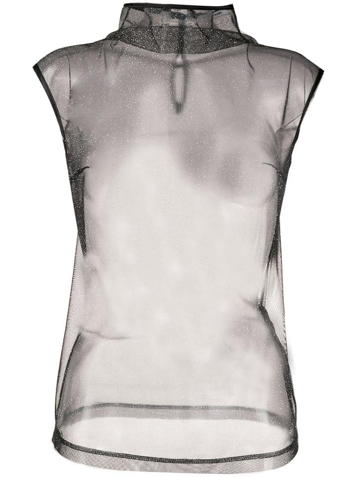 Styland Glittered Mesh High Neck Top - Black