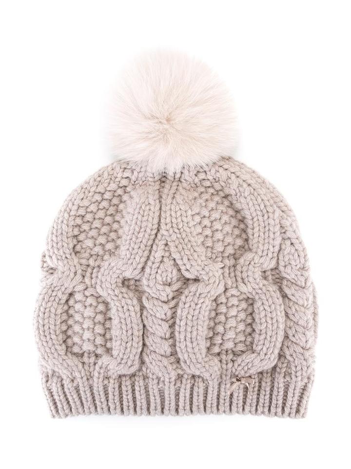 La Perla Kids Pompom Cable Knit Beanie, Girl's, Size: 54 Cm, Nude/neutrals