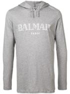 Balmain Logo Print Drawstring Hoodie - Grey
