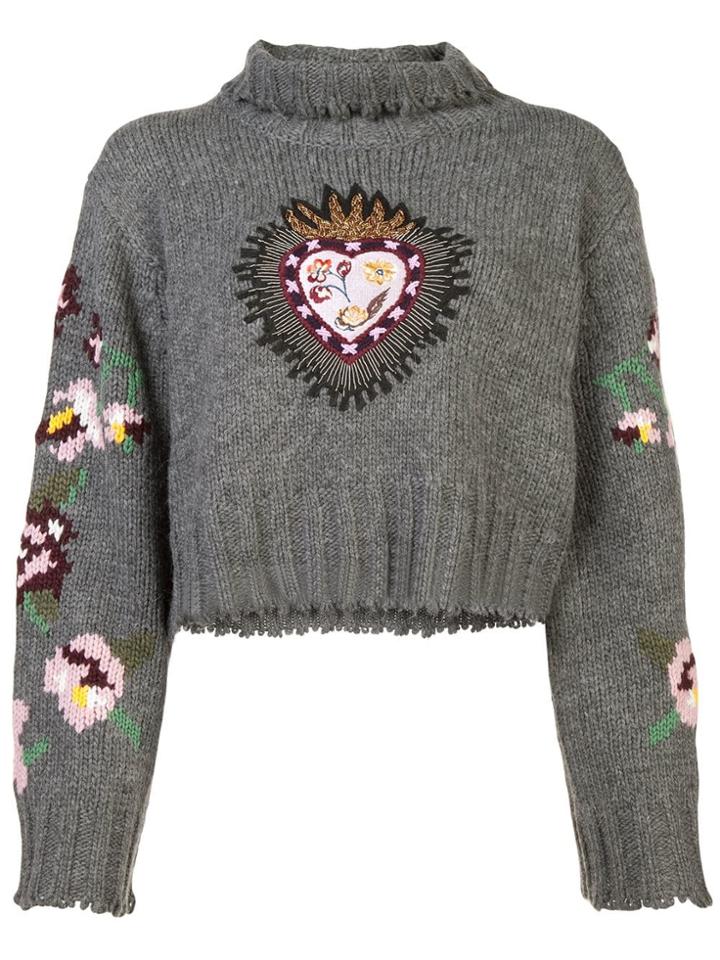 Cinq A Sept Heart Embroidered Sweater - Grey