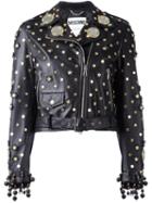 Moschino Mirror Embellished Biker Jacket, Women's, Size: 44, Black, Goat Skin/rayon