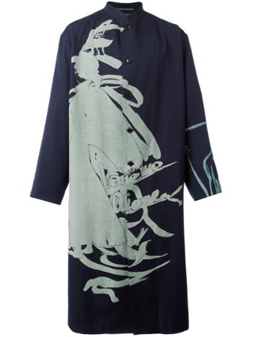 Yohji Yamamoto Patterned Slouch Coat, Men's, Size: 3, Blue, Silk/cupro/wool