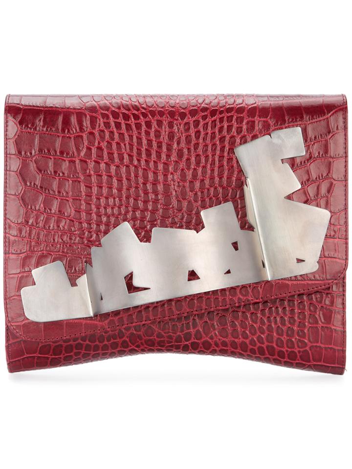 Rula Galayini Crocodile Embossed Broken Cuff Clutch - Red