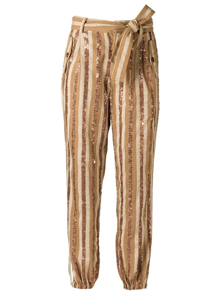 Isabela Capeto Embroidered Trousers, Women's, Size: 42, Nude/neutrals, Linen/flax