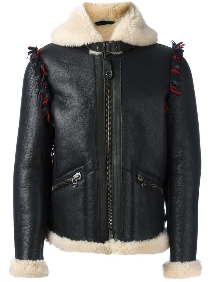 Lanvin Shearling-style Leather Jacket, Men's, Size: 48, Blue, Lamb Skin/calf Leather/cotton/wool