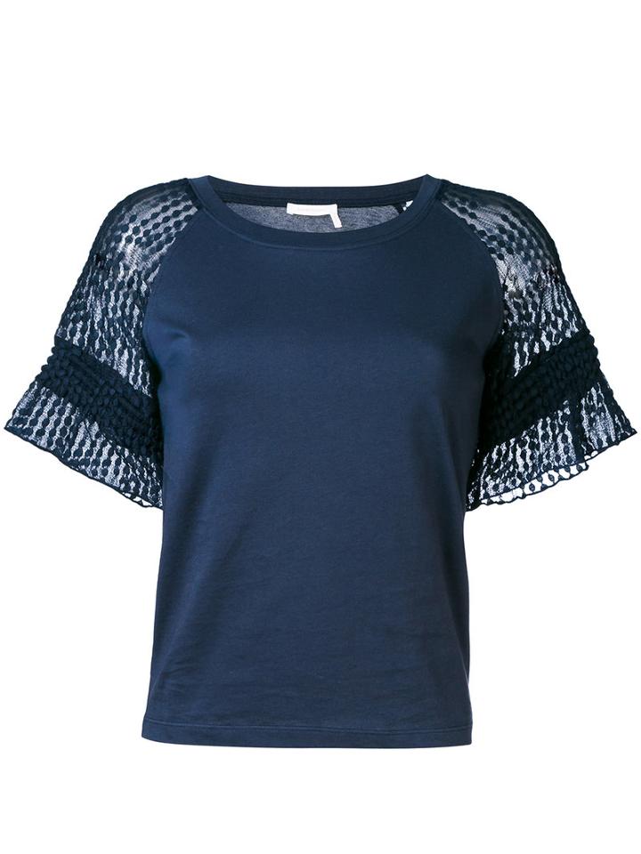 See By Chloé - Lace Raglan Sleeve T-shirt - Women - Cotton - Xs, Blue, Cotton