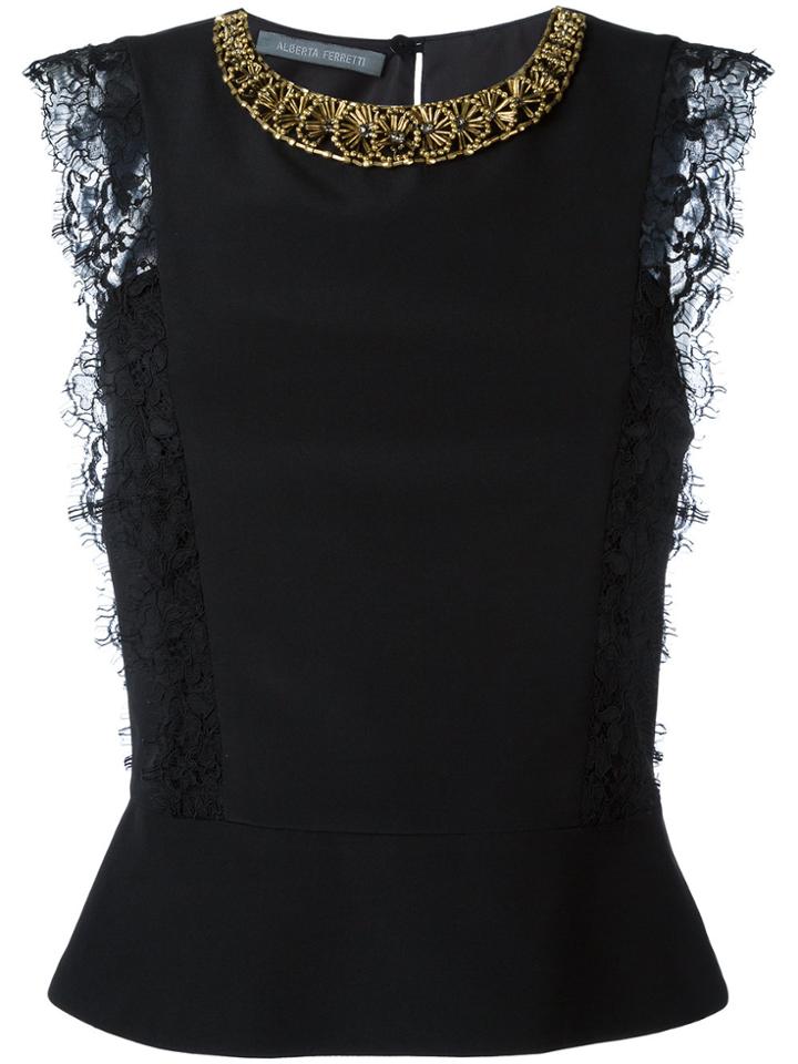 Alberta Ferretti Embellished Lace Detail Tank - Black