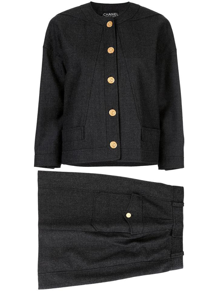 Chanel Vintage Long Sleeve Setup Suit Jacket Skirt - Grey