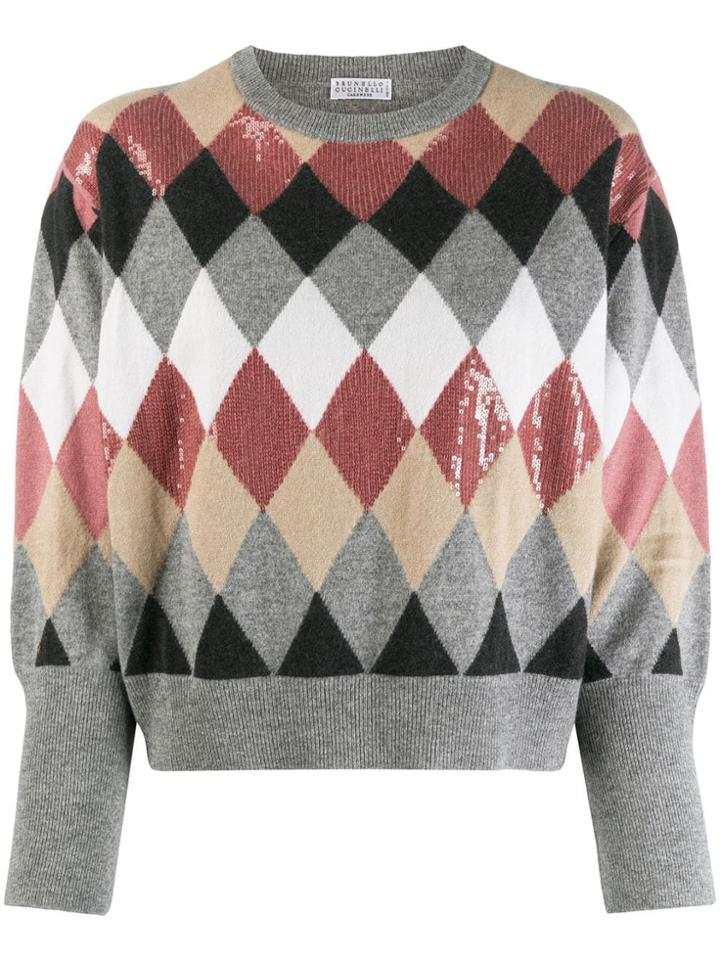 Brunello Cucinelli Sequinned Argyle Jumper - Grey