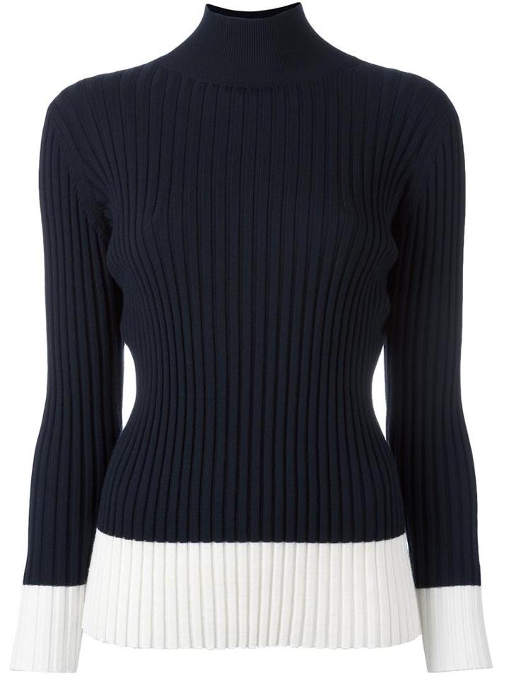 Jil Sander Navy Ribbed Two Tone Turtleneck Jumper, Women's, Size: Large, Blue, Nylon/wool